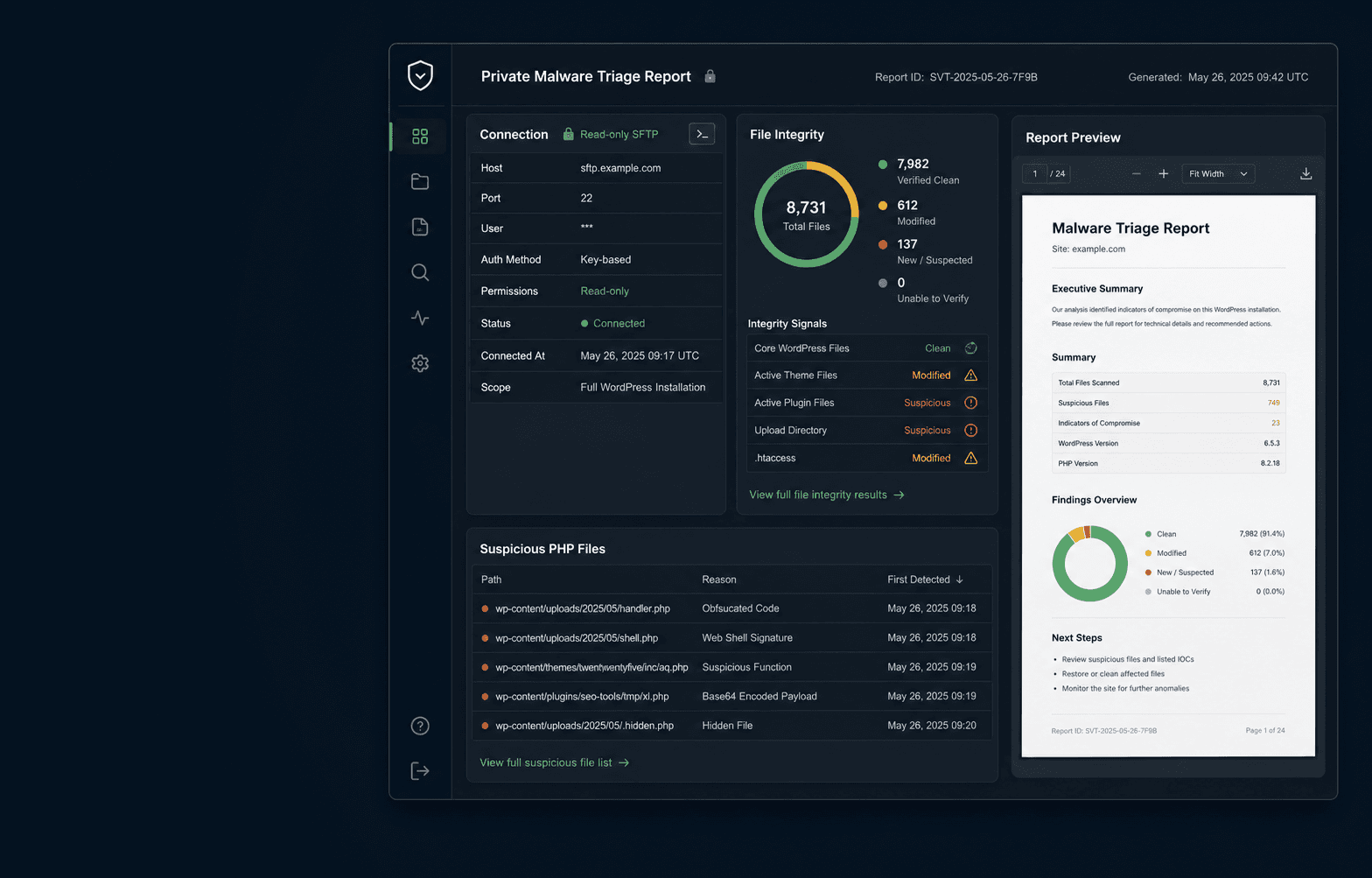 SiteVault Lite Scan report interface showing file integrity signals and suspicious WordPress paths.